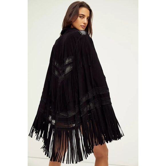 We The Free Jackets & Blazers - We The Free Mystic Cape Black Suede Leather Crochet Lace Fringe Collar Poncho